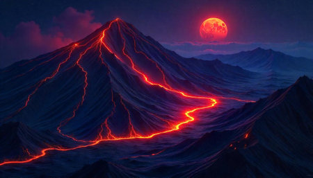 Dramatic landscape with volcano, lava flow, and red moonの写真素材