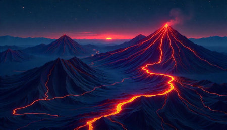 Volcanic Eruption at Dusk: Fiery Lava Flowing Down Mountainsの写真素材