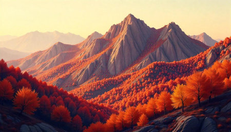 Autumn landscape with mountain range and orange foliage coverの写真素材
