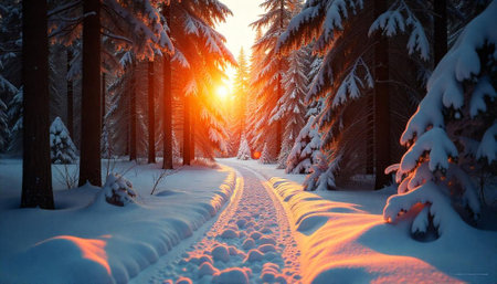 Warm light through winter forest with snow covered path