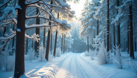 Snowy winter forest road with sunlight and tall treesの写真素材