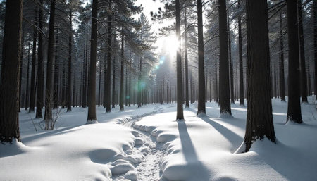Snowy forest path with sunlight shining through the treesの写真素材