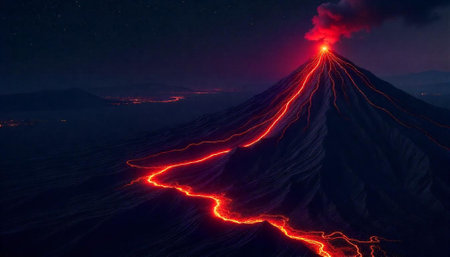 Volcano eruption at night with lava flow, dramatic landscape