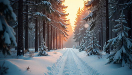 Snowy forest path illuminated by golden sunlight in winter