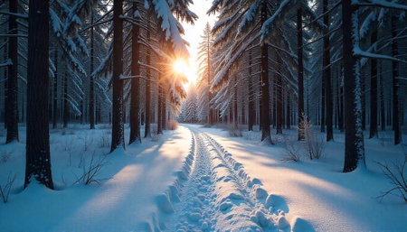 Winter forest path covered in fresh snow at sunrise
