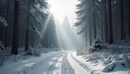 Sunlit winter forest road with snow covered trees