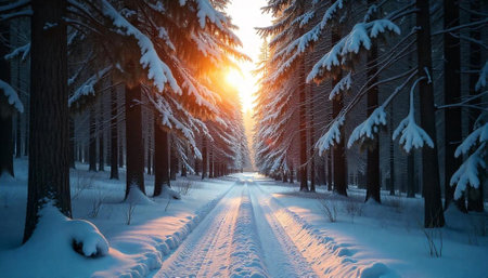 Snowy forest path at sunrise evokes serene winter landscape