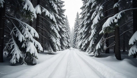 Snowy forest path lined with tall snow covered pinesの写真素材