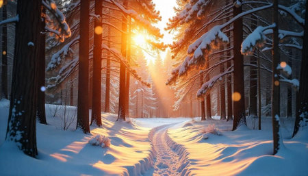 Sunlit Path Through a Snowy Winter Pine Forest