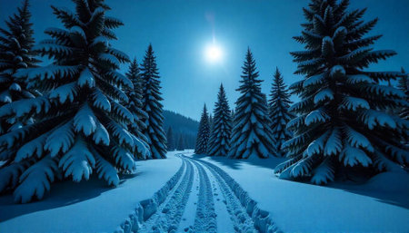 Snowy winter wonderland landscape featuring tire tracks and firs
