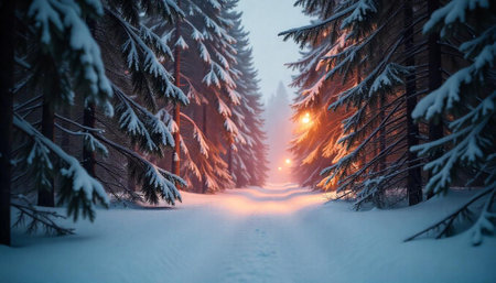 Serene snowy forest path illuminated by distant golden light