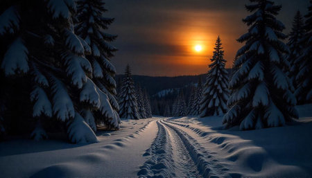 Winter landscape featuring snowy road and sunset sky