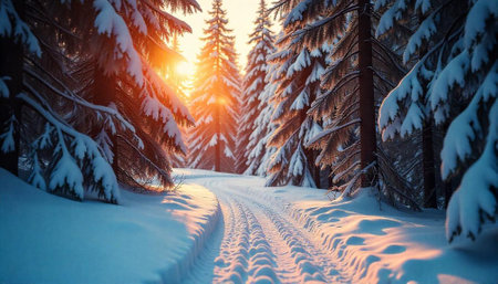 Snowy forest path with sun flare through evergreen trees