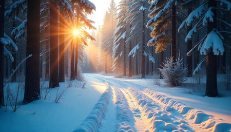 Snowy Forest Path with Sun Shining Through the Trees