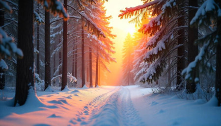 Sunlit snowy path through a winter forest landscape