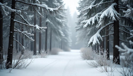 Snow covered trees line a path through a winter forest