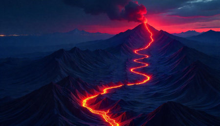 Dramatic volcano eruption cascading lava flow against mountain landscapeの写真素材