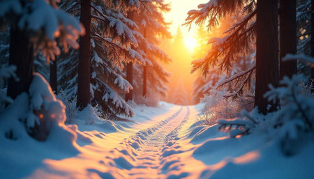 Winter forest path with snow and warm sunlight shining throughの写真素材