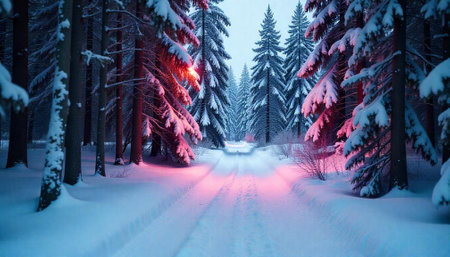 Snowy forest road bathed in ethereal light winter wonderland