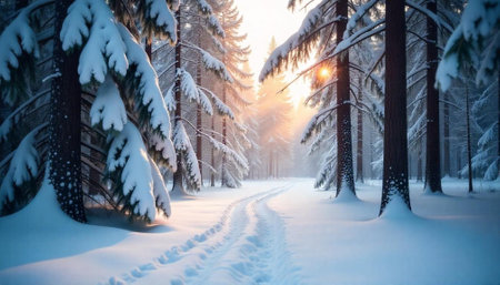 Snowy winter forest path illuminated by the rising sun