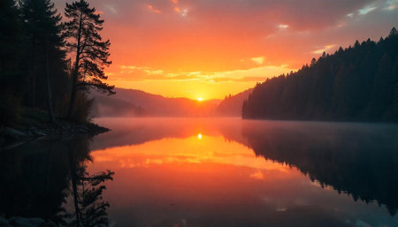 Serene lake reflects vibrant sunrise amidst forested hillsの写真素材