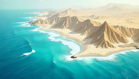 Aerial view of desert coastline with turquoise waters and wavesの写真素材
