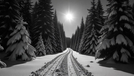 Snowy forest path with tire tracks in monochrome style