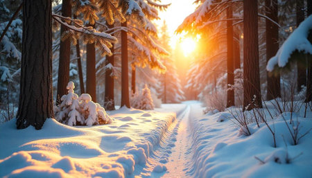 Snowy forest path illuminated by the bright winter sunlight