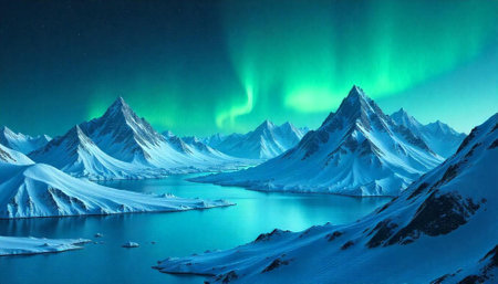 Majestic Aurora Borealis Over Snowy Mountain Range and Lakeの写真素材