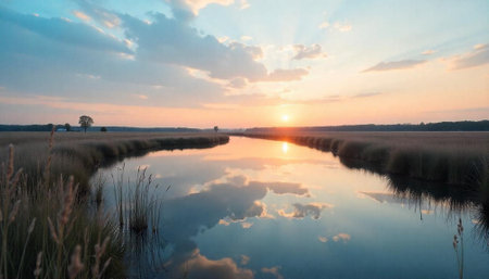 Tranquil sunset reflecting in a peaceful river scene