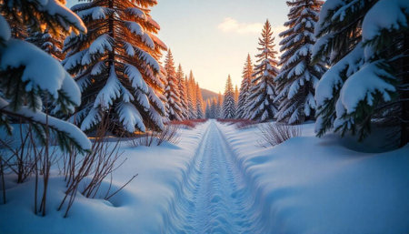 Snowy path through a winter forest during sunriseの写真素材