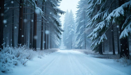 Winter road through snowy forest with tall pine trees