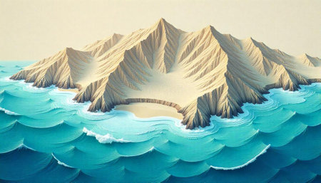 Island mountain range with turquoise ocean waves art illustrationの写真素材