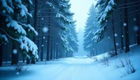 Snowy path through a dense forest during winterの写真素材