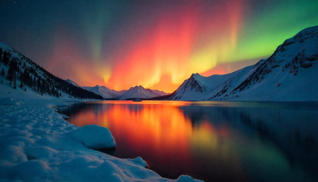 Aurora borealis reflecting on lake surrounded by snowy mountainsの写真素材