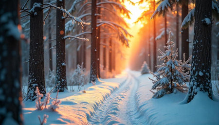 Winter forest path glows with sunlight through snowy trees