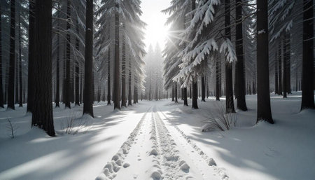 Sunlit snowy forest path through towering pine treesの写真素材