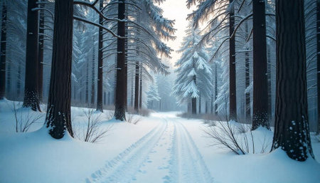 Snowy forest path during winter with tire tracks