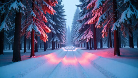 Snow covered winter road through a pine tree forestの写真素材