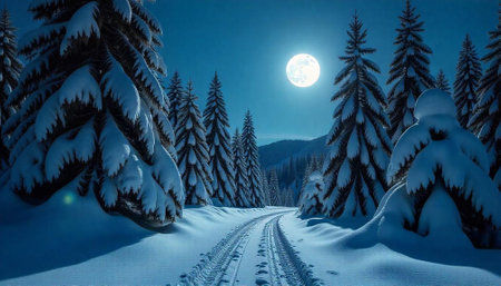 Snowy forest path under moonlight winter wonderland sceneの写真素材