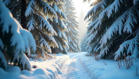 Snowy forest path lined with evergreen trees in winter