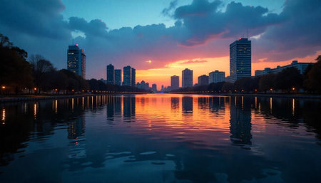 Sunset cityscape reflecting in calm waters under cloudy skyの写真素材