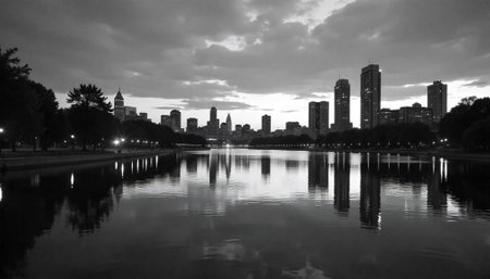 Urban skyline reflected in water at dusk, monochromatic viewの写真素材