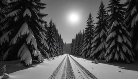 Snowy road through a forest, sunlight filtering through treesの写真素材