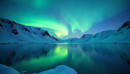 Spectacular Aurora Borealis reflected on a serene, glacial lakeの写真素材