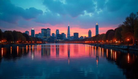 City skyline at twilight reflected in river at duskの写真素材