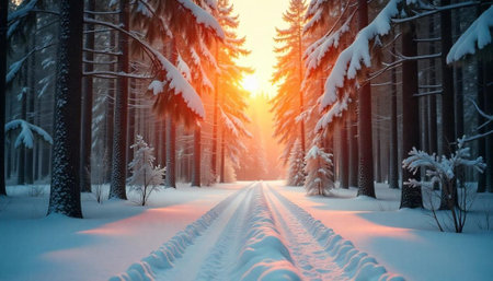 Snowy forest path at sunrise with tall fir trees
