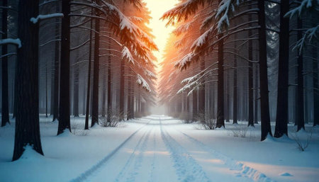 Snowy Forest Road at Sunset Winter Landscape Sceneの写真素材