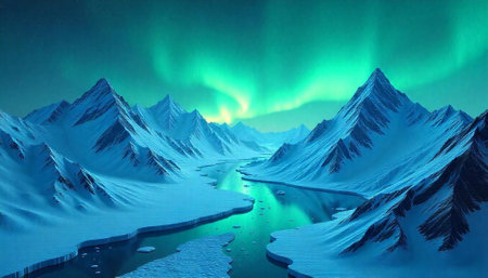 Majestic aurora borealis over snow covered mountain range landscape