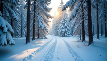 Snowy winter forest scene with sun and tire tracks